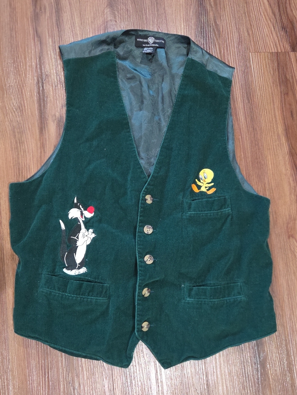 Looney Tunes Embroidered Green Corduroy Vest - Tweety & Sylvester